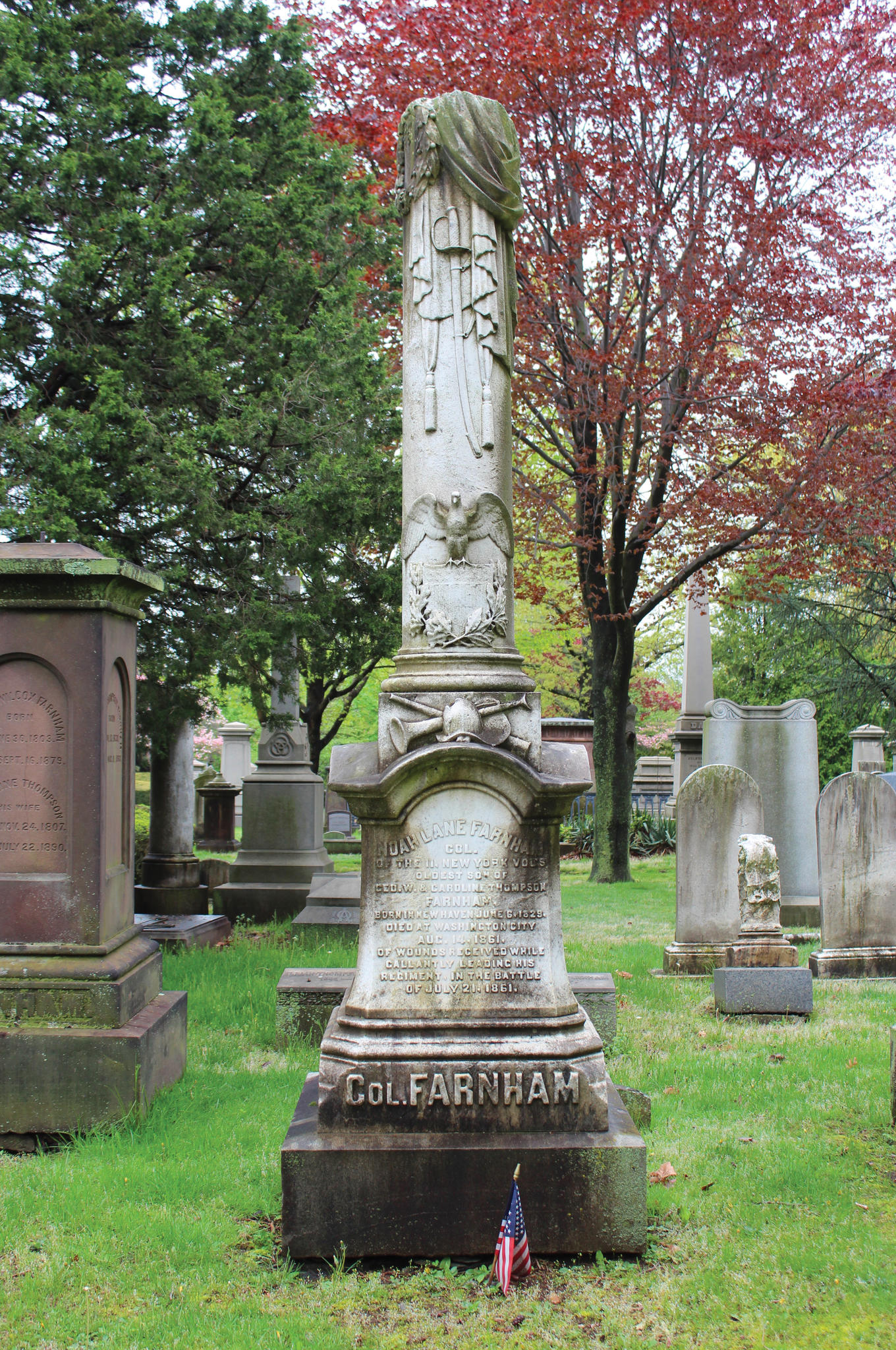 <span style="background-color:transparent">Born in New Haven. A short man (5’4”; he was nicknamed “Pony”), he enlisted with the New York 7th Regiment known as the Fire Zouaves in May of 1861. When its commander was killed that same month, Farnham was appointed Colonel. He was killed at the first Battle of Bull Run on July 21,1861. According to a subsequent article in </span><span style="background-color:transparent">The New York Times,</span><span style="background-color:transparent"> flags at New York City Hall, public buildings, and ships in the harbor were flown at half-mast in respect to him on August 15, 1861.</span><span style="background-color:transparent"> </span><span><span style="background-color:transparent">Location: 62 Spruce</span></span> 