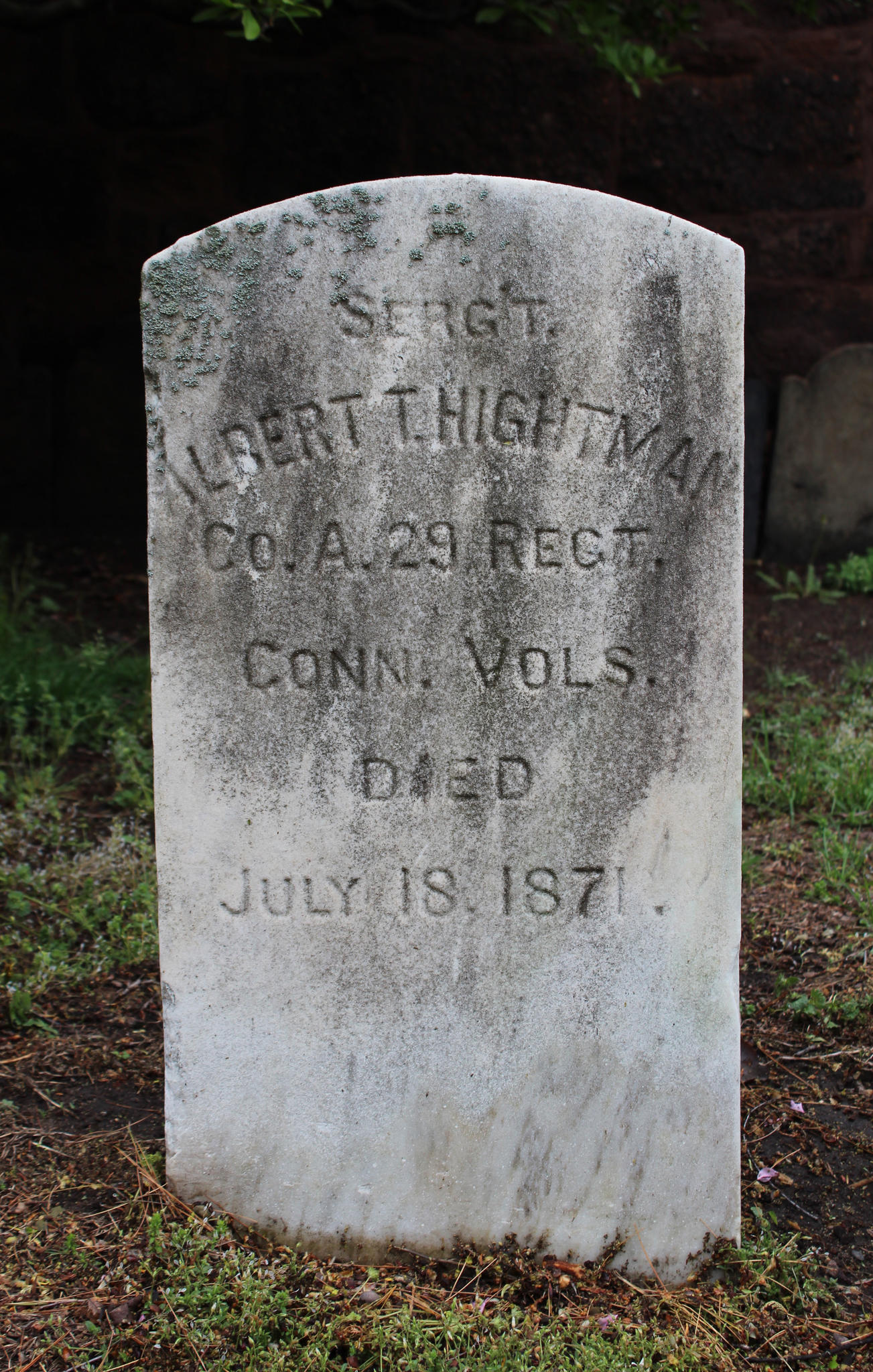 <span style="background-color:transparent">Hightman was a member of the 29th Connecticut Volunteers (Colored). The regiment, the first African-American Regiment formed in New Haven, saw action in Virginia and in 1865 participated in the final capture of Richmond. In 2008, a memorial to the 29th was established in Criscuolo Park on Chapel Street in New Haven. </span><span><span style="background-color:transparent">Location: Ivy</span></span> 